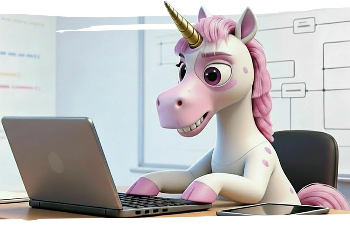 Ponihahmo tietokoneen ääressä koodaamassa