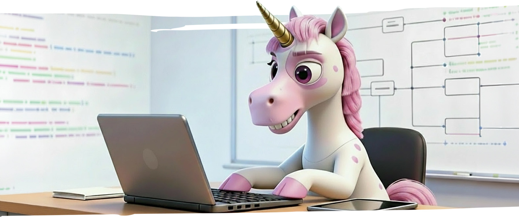 Ponihahmo tietokoneen ääressä koodaamassa